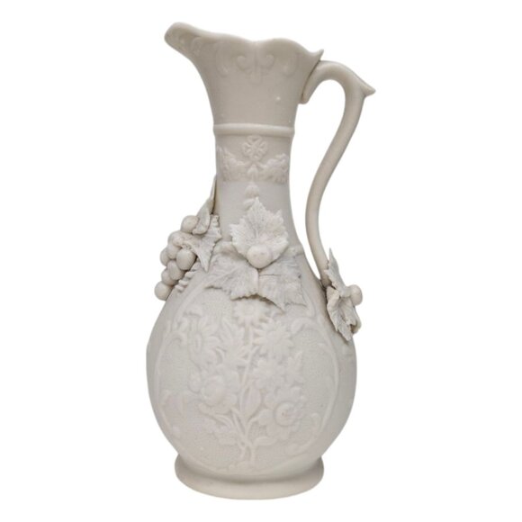 Vtg Embossed Relief Ewer Jug Cream Grape Vine Molded  7" Parian Ware Porcelain - Picture 2 of 10